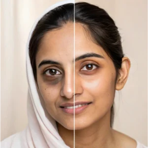 Before and after comparison showing reduced dark circles under the eyes.