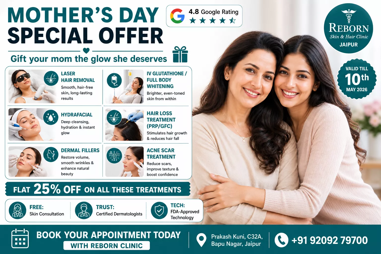 Mother’s Day special offers at Reborn Skin & Hair Clinic, Bapu Nagar, Jaipur with flat 25% off on laser hair removal, HydraFacial, IV glutathione, hair loss treatment and more.