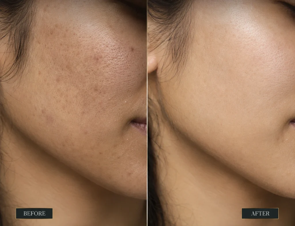 Comparison photos of a woman’s skin, highlighting acne clearance before and after a TCA peel treatment.