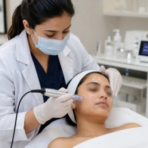 BB Glow Facial Treatment in Pune being performed by an experienced dermatologist using a microneedling device to infuse serum into the skin while the patient relaxes in a Reborn skin & hair clinic.