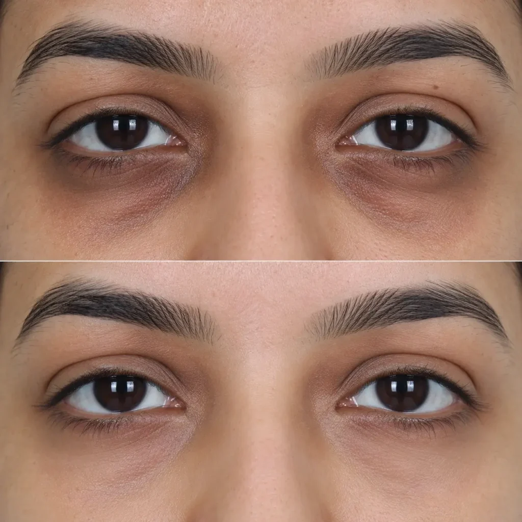Before and after under eye dark circle treatment in Pune showing visible reduction in dark under-eye pigmentation, decreased shadowing, and brighter skin around the eyes.