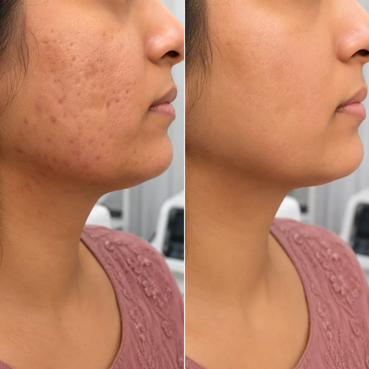 Acne scar treatment comparison on a female face showing improved skin texture at Reborn Skin & Hair Clinic, Bapu Nagar, Jaipur