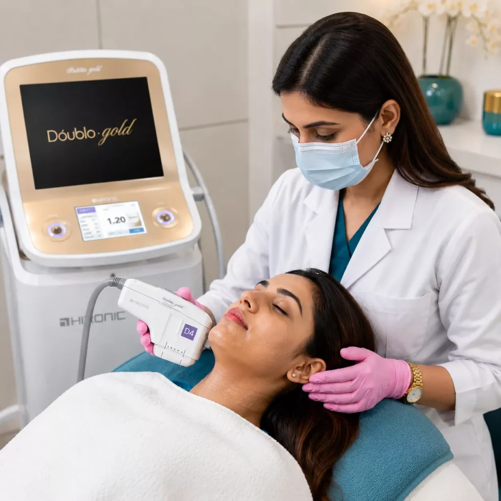HIFU treatment being performed on a female patient using Doublo Gold high-intensity focused ultrasound machine for non-surgical skin tightening and facial lifting at Reborn Skin & Hair Clinic, Bapu Nagar, Jaipur.